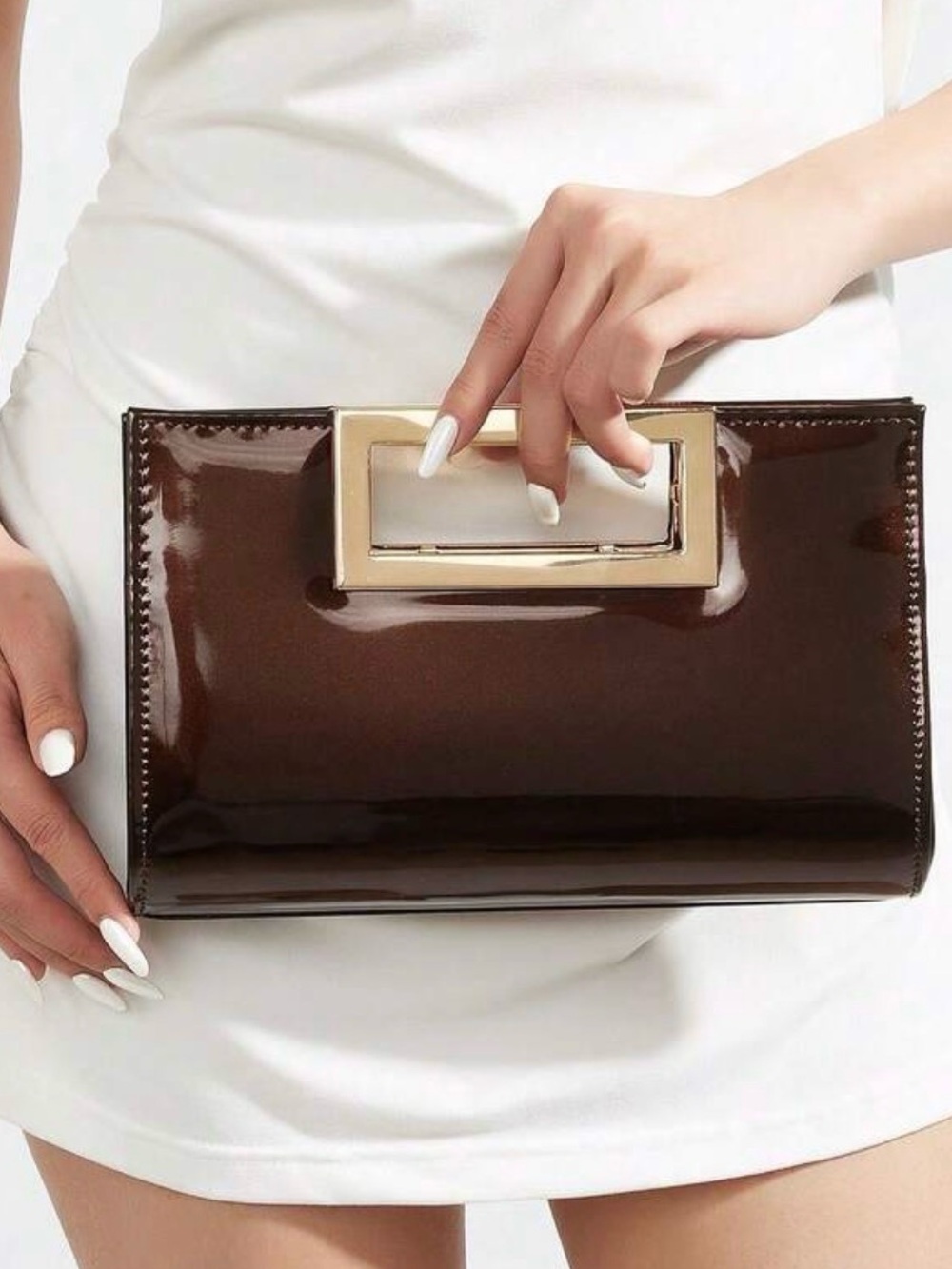 Women's Brown Patent Clutch with Gold Handle
